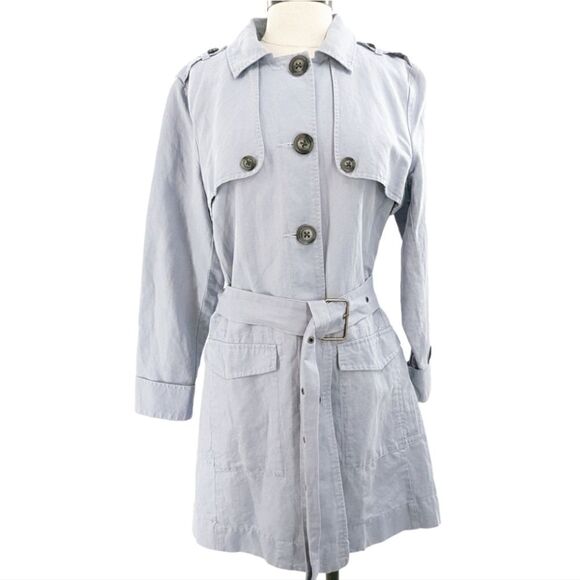 cabi linen & cotton trench style coat in periwinkle, lilac medium - Picture 2 of 16